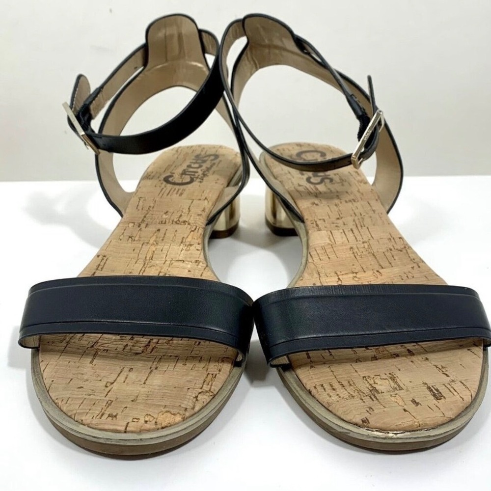 Circus by Sam Edelman Tate Black Ankle Strap Gold Block Heel Sandals 10.5WW
